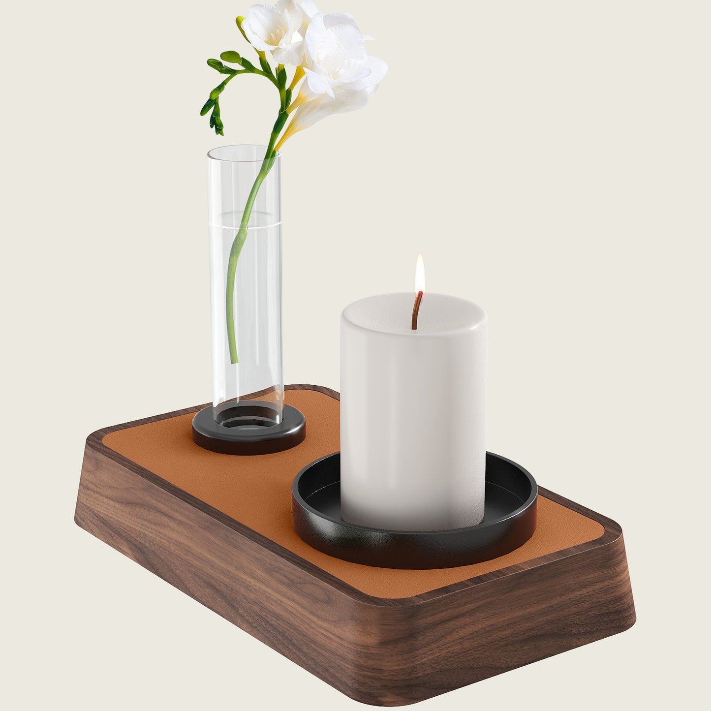 YUMORE Walnut leather aromatherapy tray (with mini vase)