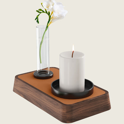 YUMORE Walnut leather aromatherapy tray (with mini vase)